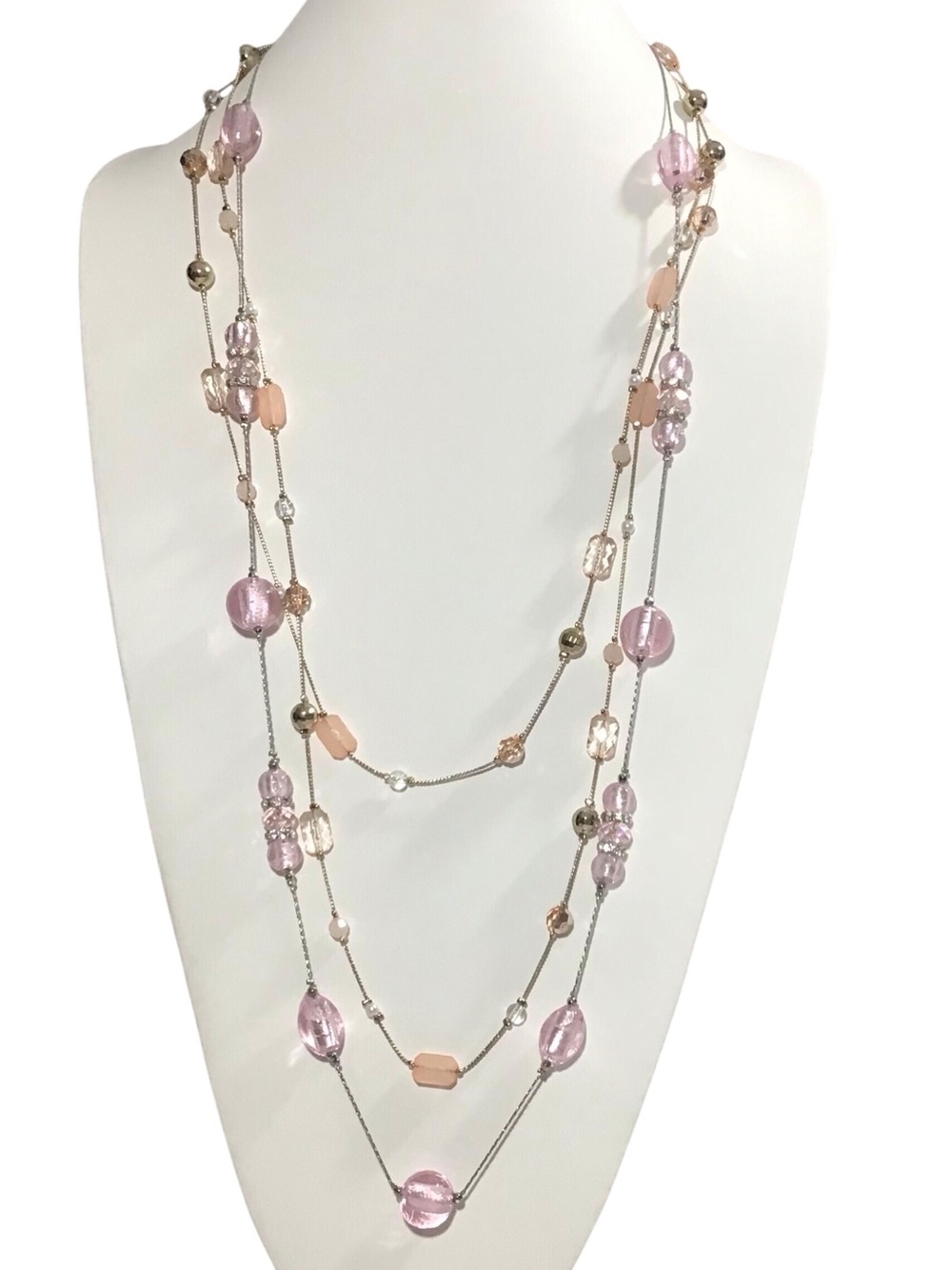 2 Beaded Necklaces Pink Glass Peach Acrylic Silver Tone Chains Fashion Jewelry